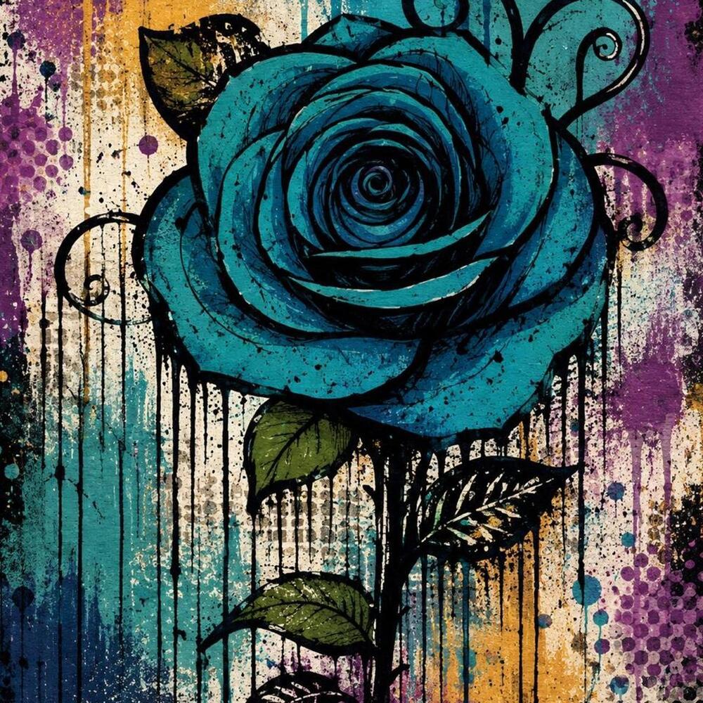 5x7 Framed Blue Rose Art Print – Colorful Grunge Floral Wall Decor